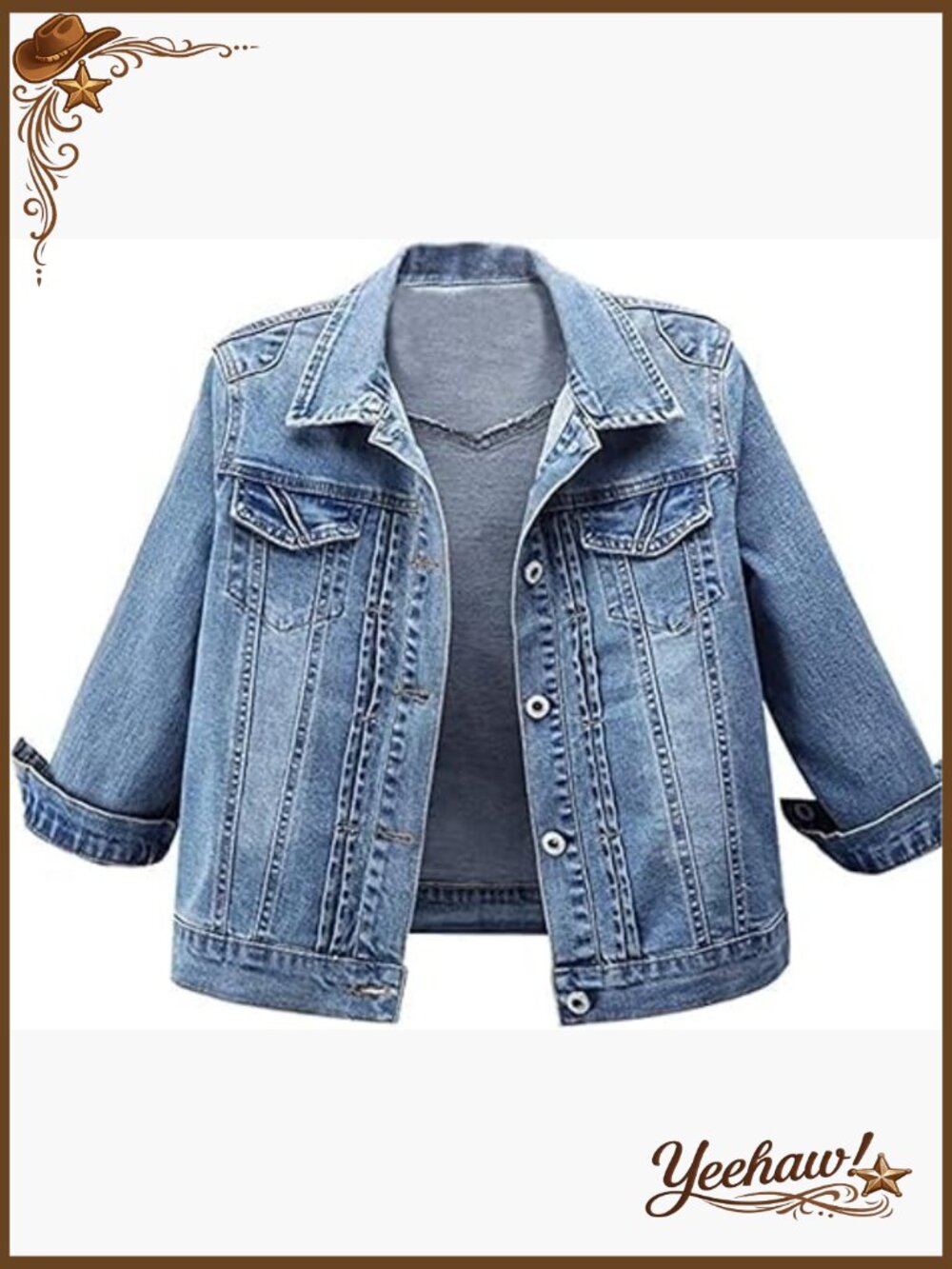 3/4 Sleeve Distress Slim Crop Denim Jean Trucker Jacket